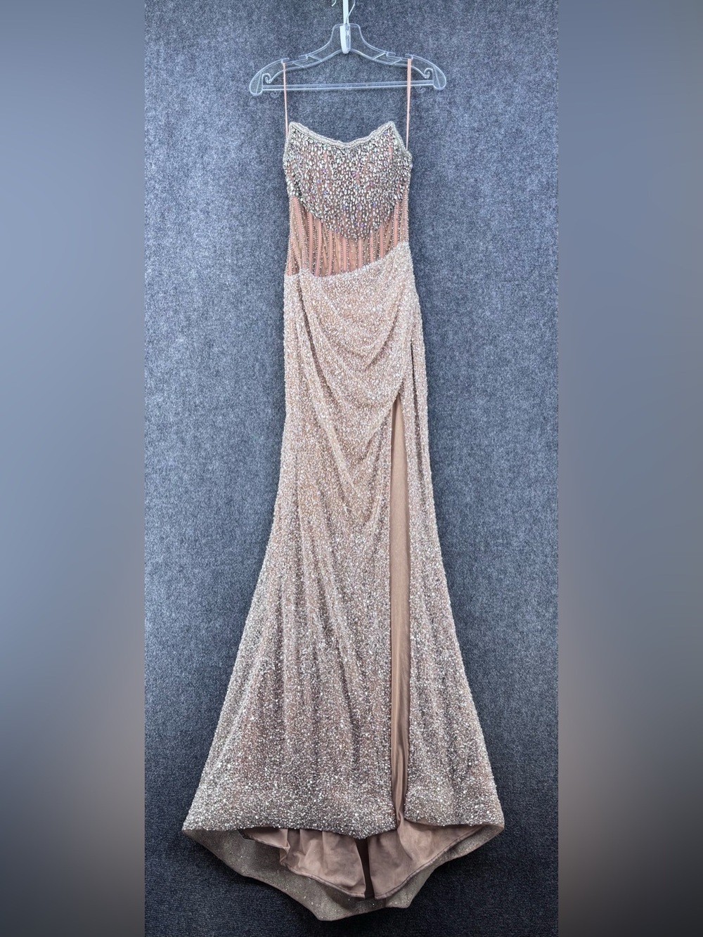 ASHLEY Lauren 11448 Nude Beaded Jaw Dropping Prom Gown Bustier Side Slit Size 0